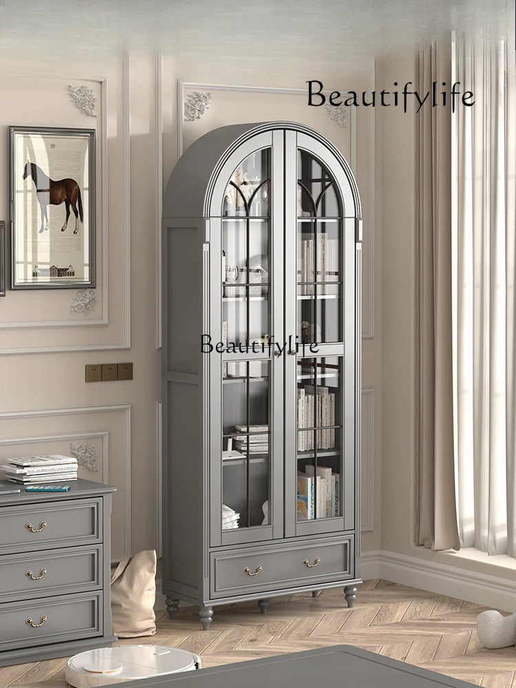 

Solid wood high-grade gray American light luxury arched study wine cabinet French arched dust-proof bookcase display cabinet