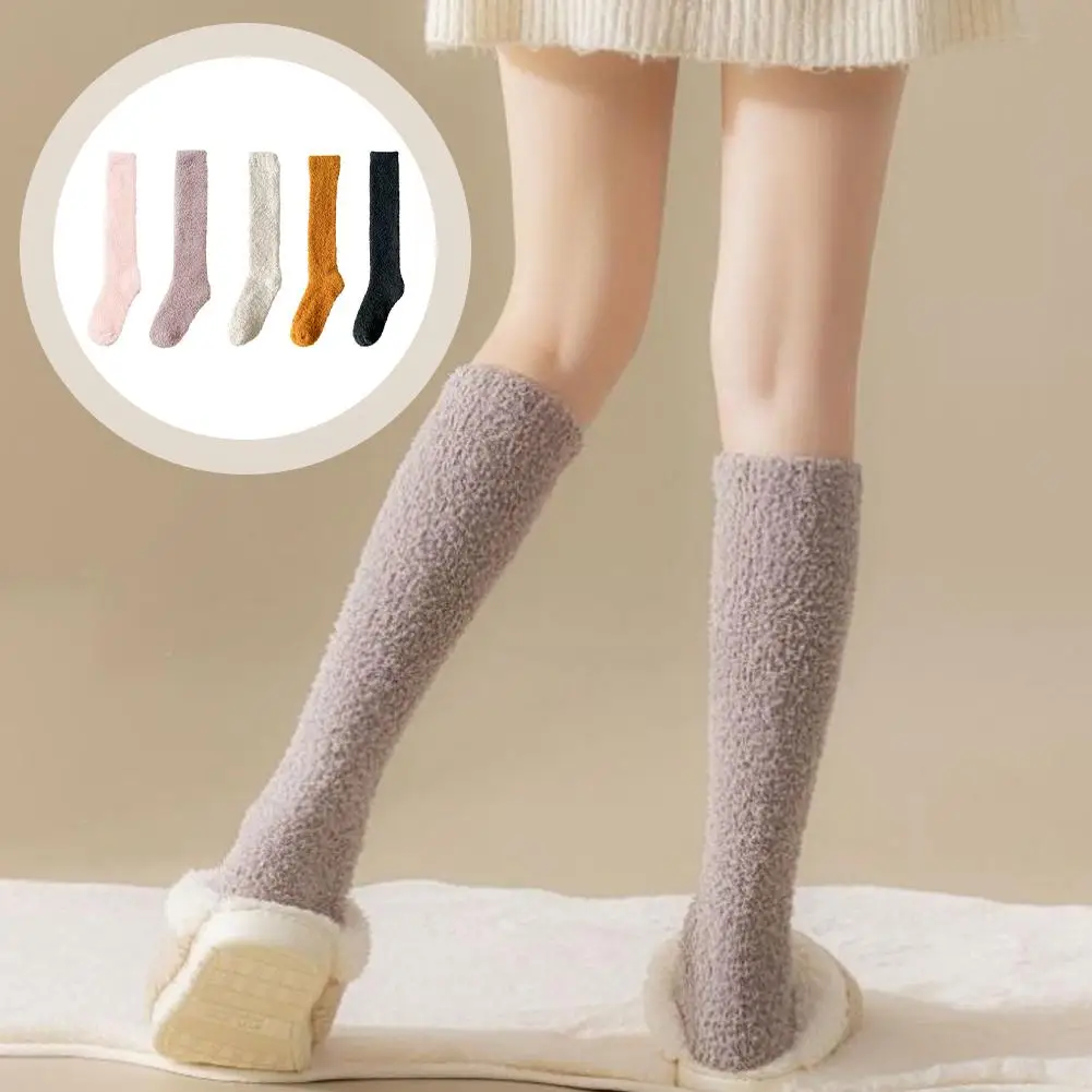 Winter Lange Feste Farbe Socken Herbst Winter Korallen Fleece Harajuku Retro Kalb Strumpfwaren Knie Baumwolle Casual Atmungsaktive Damen S B9Z1