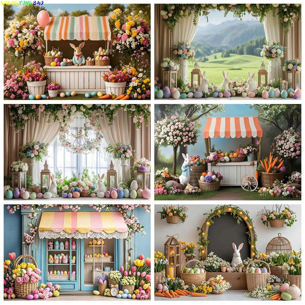 

Spring Colorful Floral Rustic Wall Easter Day Background Garden Flowers Birthday Party Rabbit Eggs Photography Backdrop HG-01