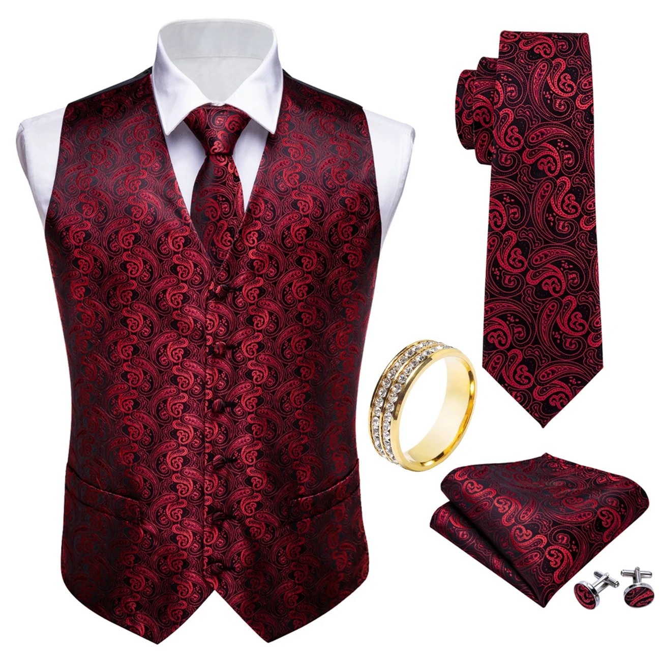 Black Burgundy Paisley V-Neck Vest 5Pcs Set Tie Pocket Square Cufflinks Ring For Wedding Evening