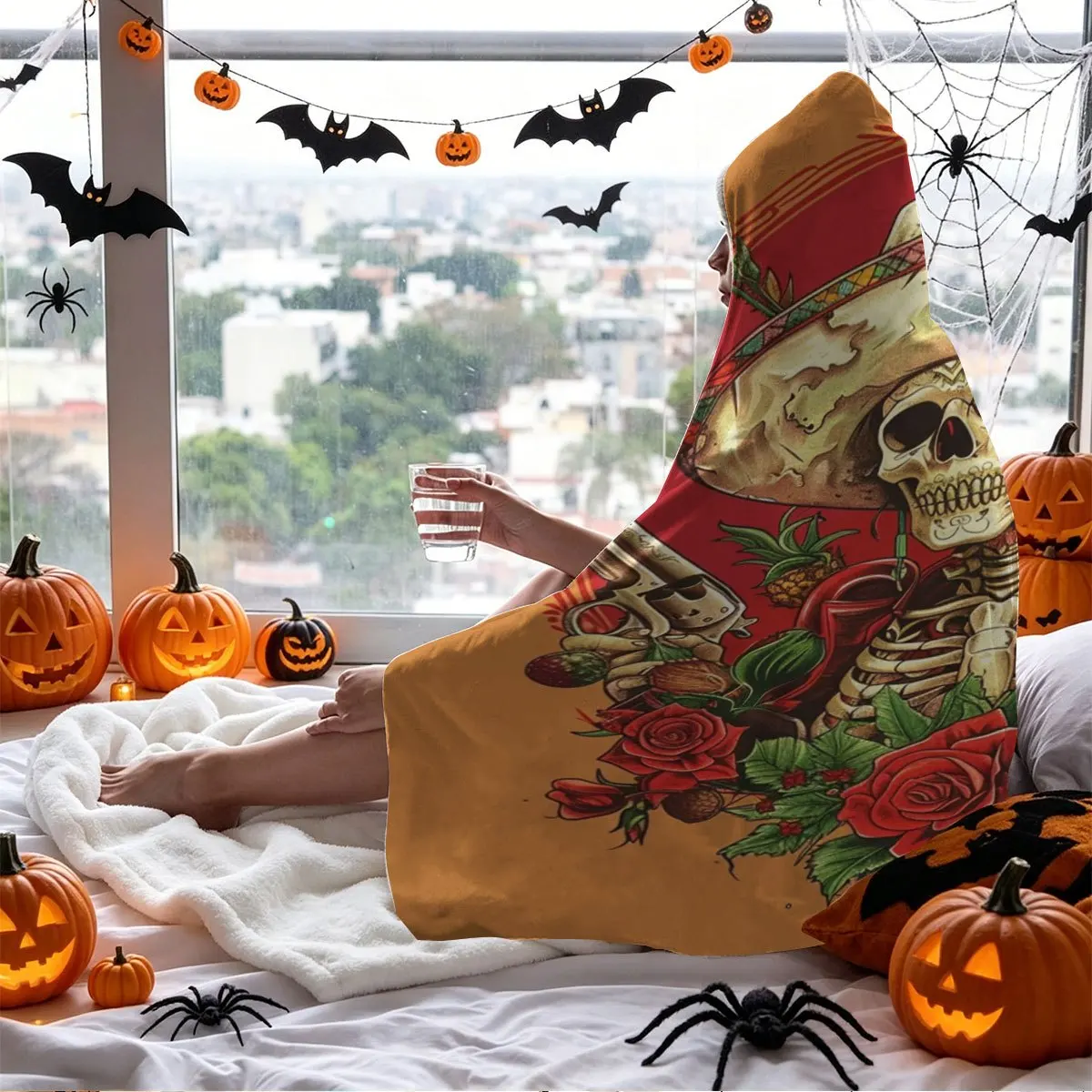 Mexican Wide Brim Hat Skull Rose Cactus Handgun Retro Western Halloween Theme Flannel Hooded Blanket Wearable Blanket
