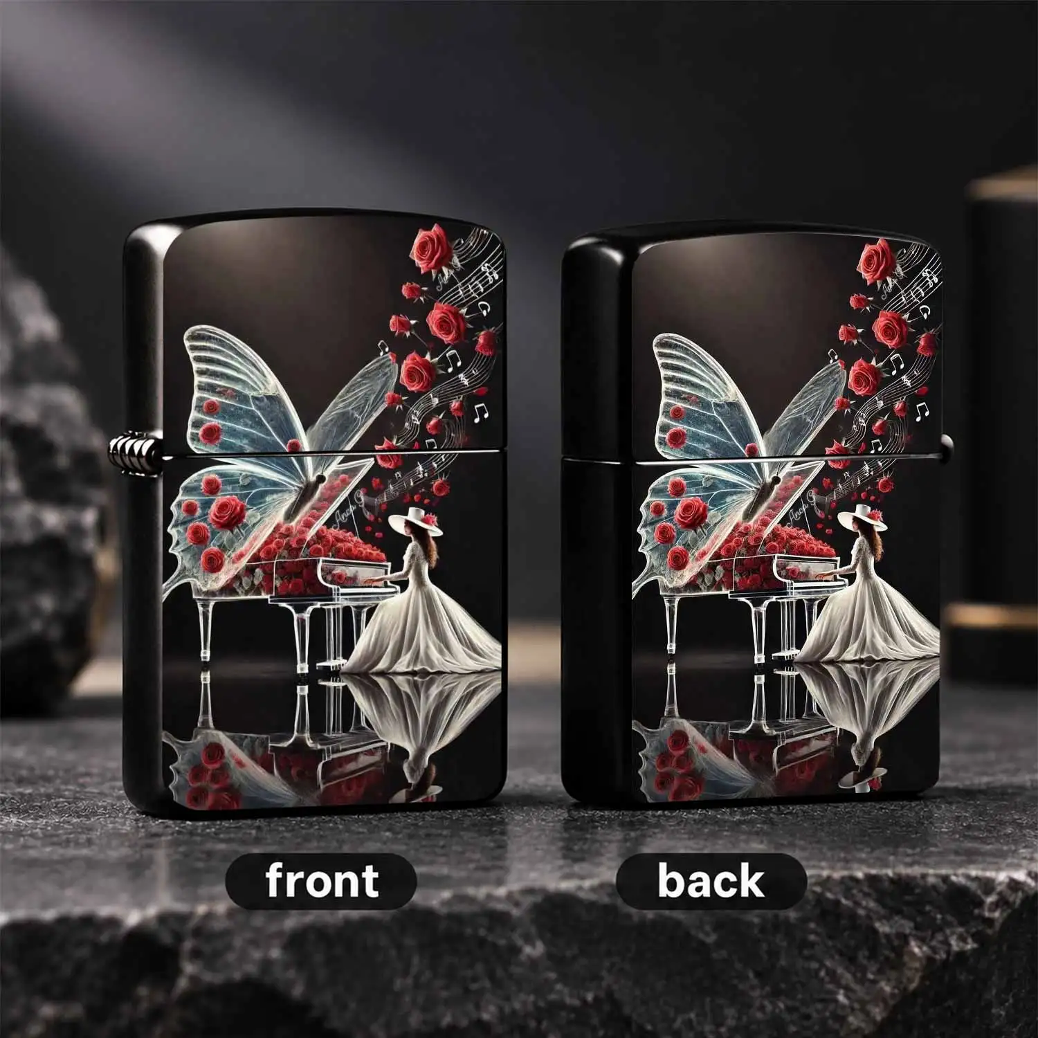 Exquisite Artistic Lighter With Rose Piano Lady Pattern, Dreamy Romantic Aesthetic Portable Igniter, Ideal For Daily Use Gifting, All Occasions Decorative Practical Stylish Accessory For Men Women A Humorous And Interesting Lighter