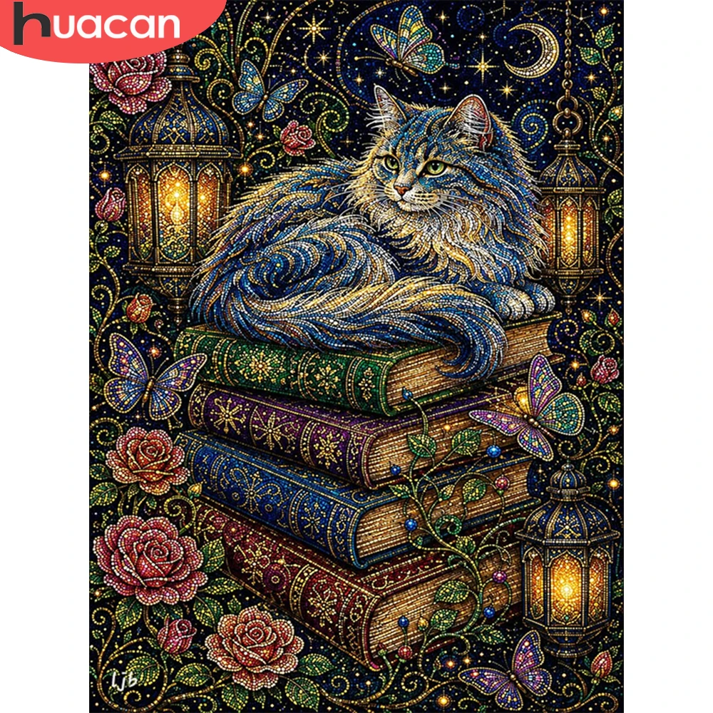 HUACAN 5D Diamantmalerei Katze Tier Heim Wandkunst Deko Mosaik 5D Rosenblüten Buch DIY Handarbeiten Komplettset Kunst – Detail 2