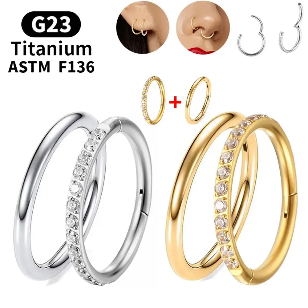 1/2PCS ASTM F136 G23 Titanium Cubic Zirconia Nose Ring Women's Hoop Earrings Piercing Body Jewelry Hinge Clicker Open Nose Ring