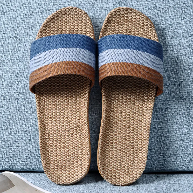 Men Comfortable Linen Slippers Home Bathroom Home Light Soft-Soled Shoes Male Beach Slippers Slides Shower for All Season ﻿