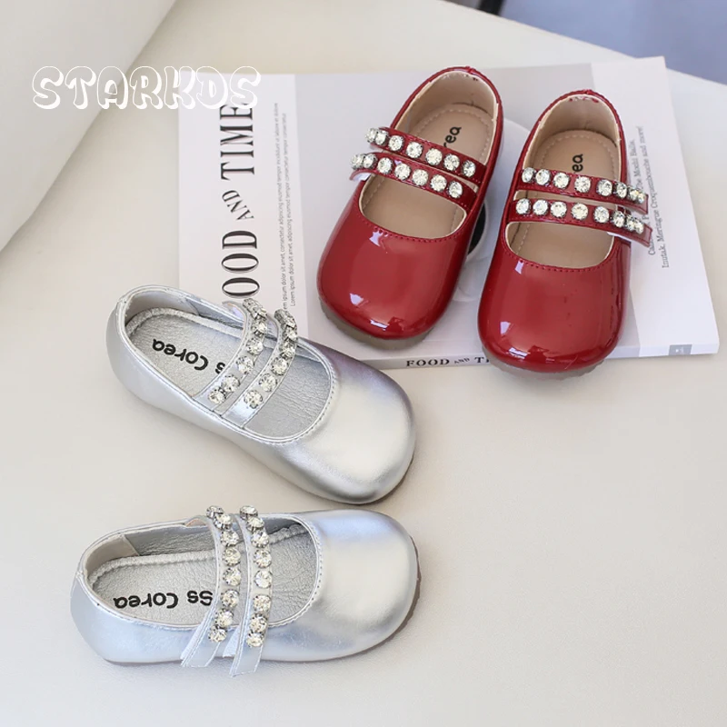 Sapatilhas de couro vermelho para meninas, sapatos de cristal de luxo, sapatos Mary Jane, dedo do pé redondo, strass, festa de casamento, crianças, bebê