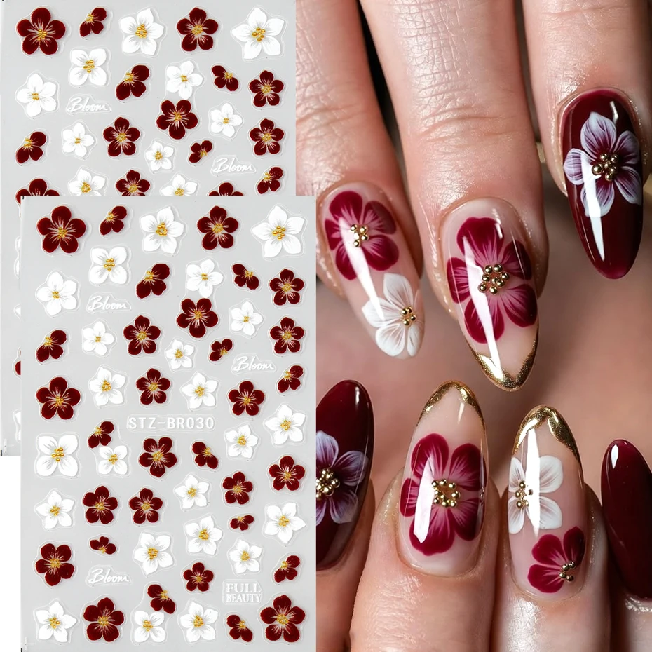 2 Stück Weinrote & Weiße Blumen Nagelkunst-Aufkleber Elegante Blühende Florale Klebebilder Herbst-Hochzeits-Designs DIY Maniküre-Dekoration