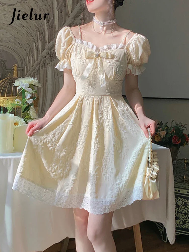 Jielur Yellow Kawaii Elegant Dress Women Sweet Korean Princess Lolita Dress Casual Puff Sleeve Lace Up Party Dress Summer 2022