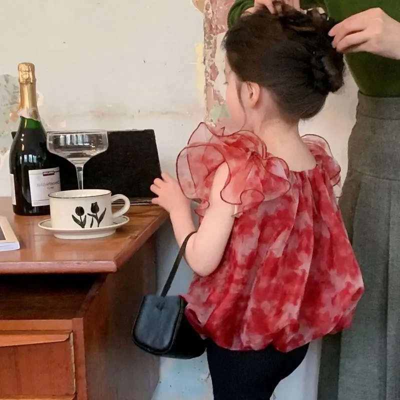 Top de verano para niña, Top de manga voladora con brotes de flores suaves de hilo fino liso de seda, camiseta de manga corta elegante y hermosa para niños