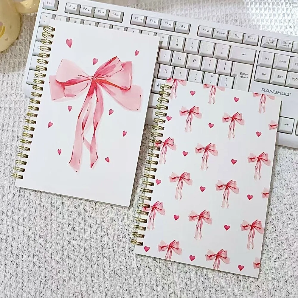 A5 Spiral Coil Notebook Pink Bow Pattern Blank Lined Pages Diary Book Cartoon High Beauty Horizontal Handbook School Office