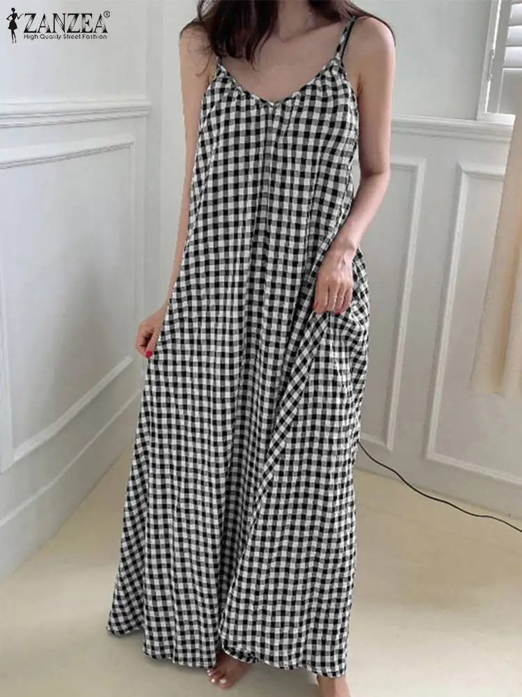 ZANZEA Fashion Grid Printed Strap Dress Summer Casual Plaid Checked Tank Vestidos Woman Sleeveless V-Neck Sundress Holiday Robe