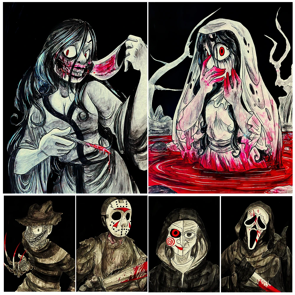 

Giant Spiders,Rip Girl,Ghostface,Horror Movie Characters Vintage Wall Art Canvas Print Forest Shadow Abstract Art Poster Print