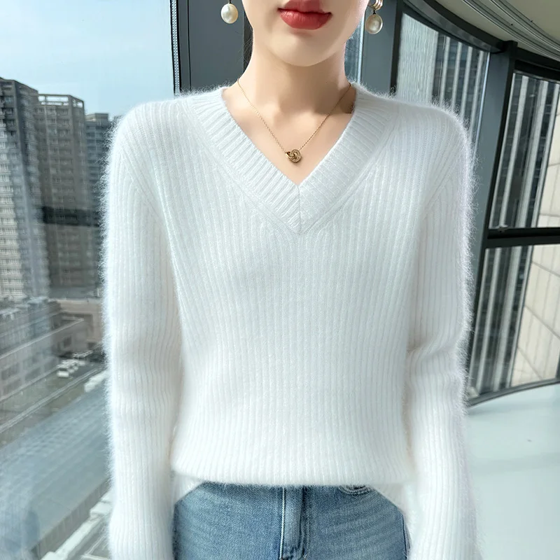 Basique femmes 100% vison cachemire pull solide pull nouveau automne hiver chaud à manches longues col en v cachemire tricots vêtements haut