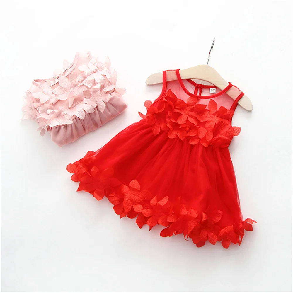 Children's New Style Girls' Summer Sleeveless Cute Dress Children's Beautiful Solid Color 3D Petal Mesh Ponchy Skirt