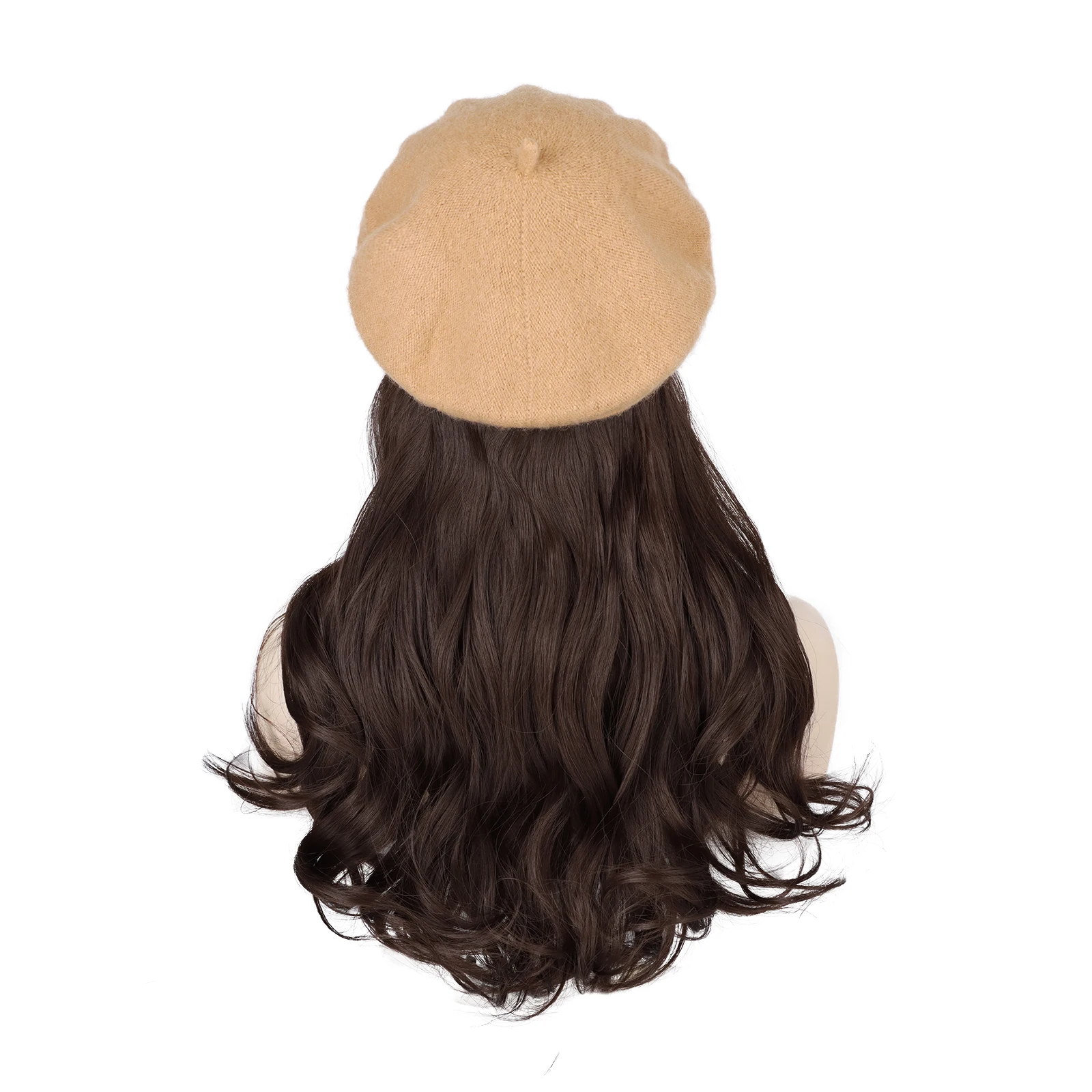 Beret Hat with Hair Extensions Artist Cap Solid Classic Attached 16'' Curly Hairpiece Synthetic Wig Hats for Women Dark Brown