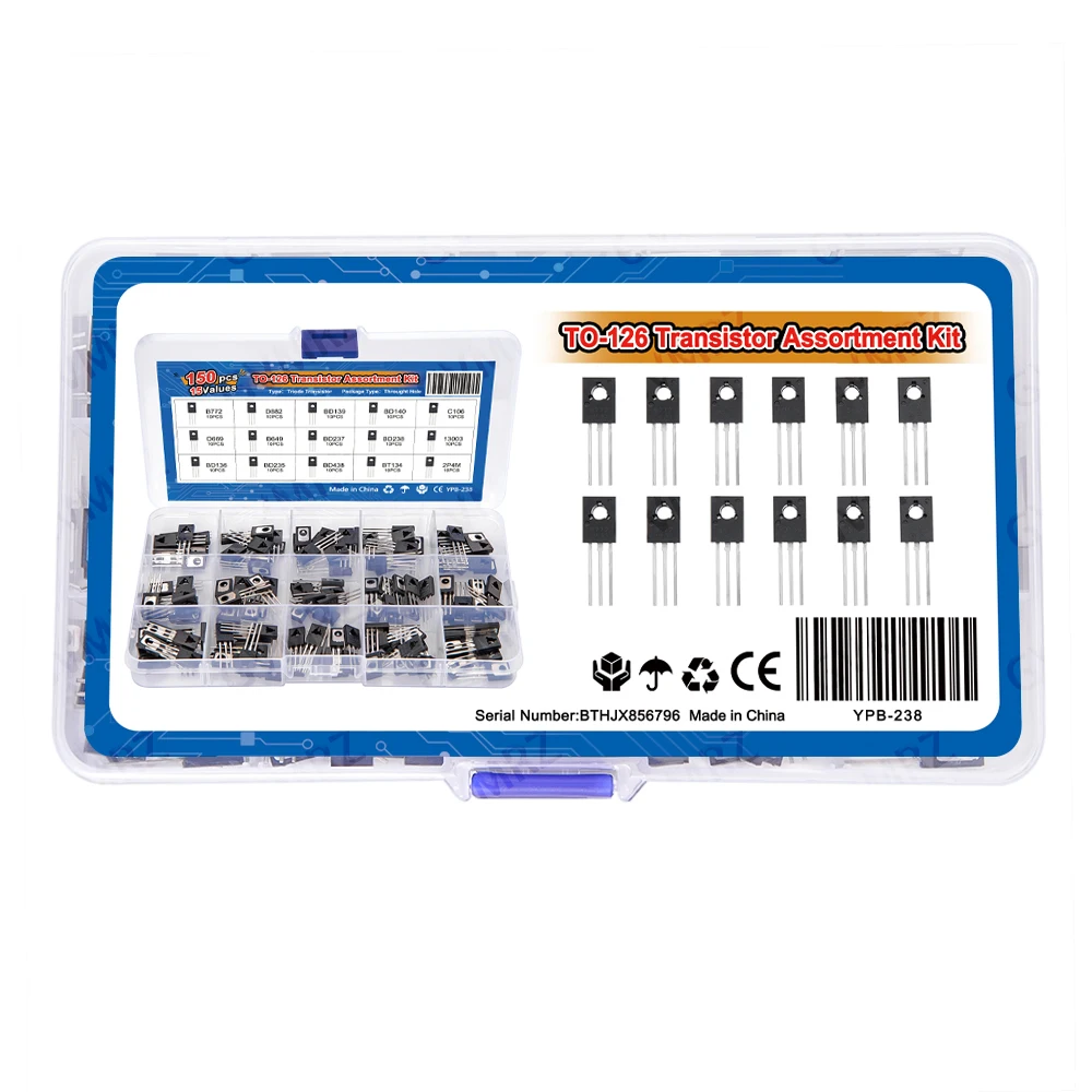 150PCS D238 13003 BD136 TO-126 Transistor Assortment Kit Pack B772 D882 BD139 BD140 C106 D669 B649 D237  BD235 BD438 BT134 2P4M
