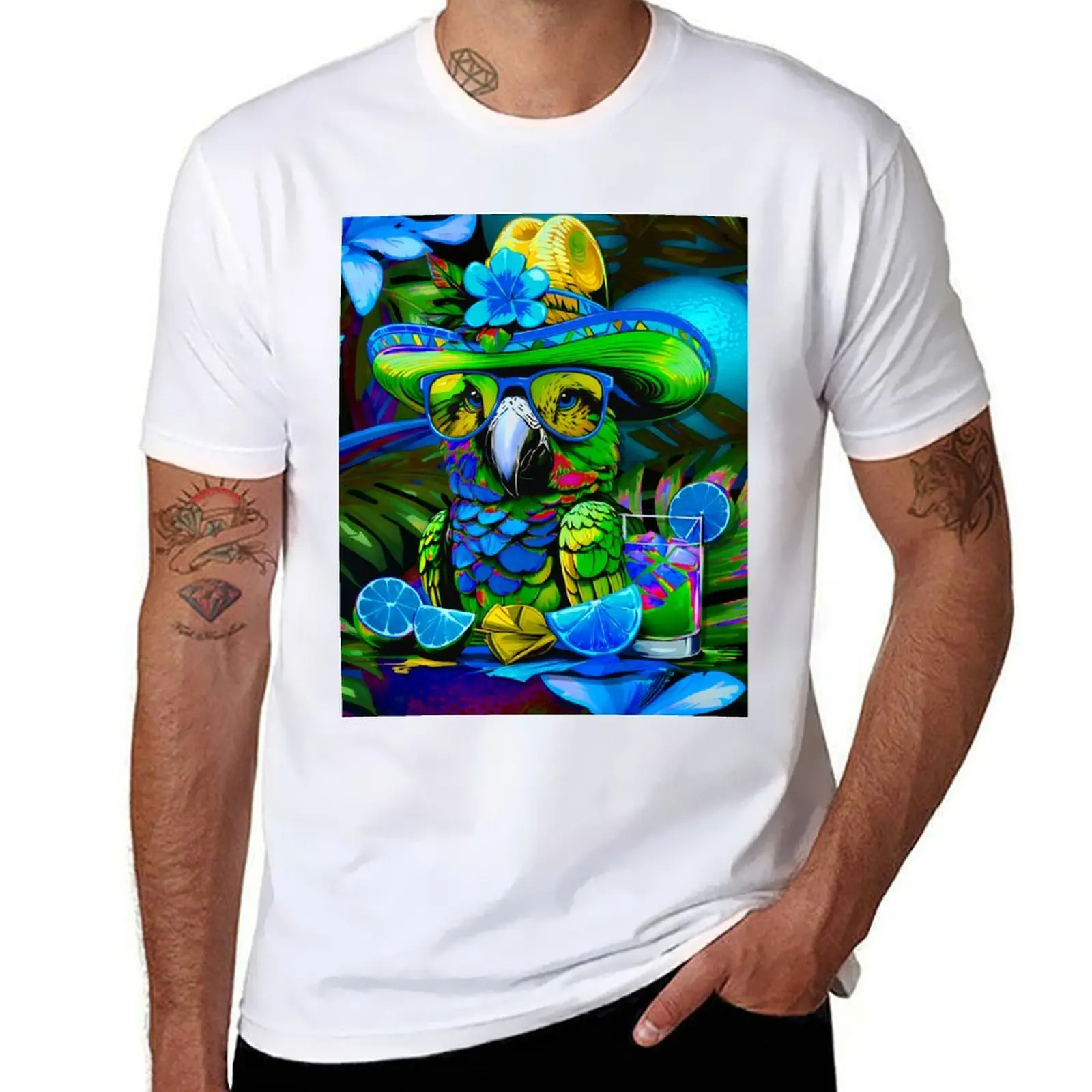 

Fabulous Parrot Refreshing Blue neon Lime Pattern T-Shirt man t shirts cotton graphic t shirts for man T-Shirt