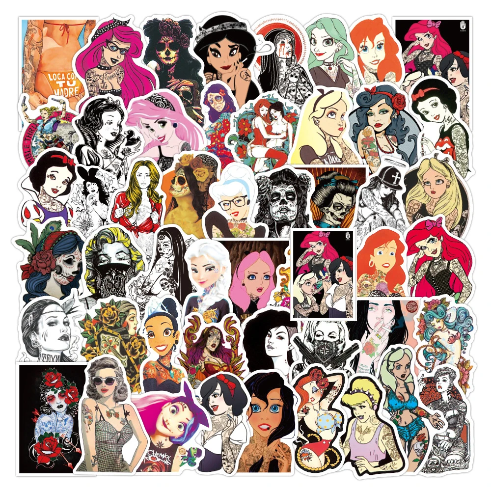 10/30/50pcs Anime Girls Princess Tattoos Stickers Cool Graffiti Body Arms Skateboard Laptop Waterproof Artsy Goth Decals Packs