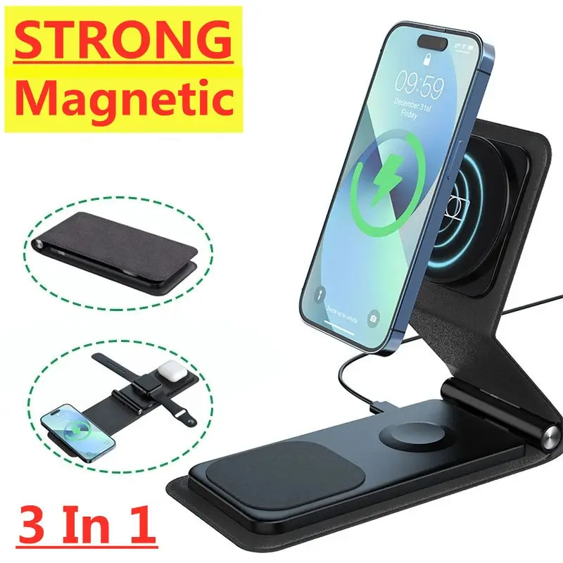 3 In 1 Magnetic Wireless Charger Pad Stand for iPhone 14 13 12 Pro Max IWatch 8 7 Airpods Macsafe 15W Fast Charging Dock Station