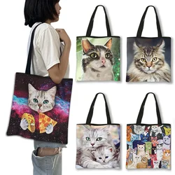 Kawaii Cat Printing Tote Bag Women Casual Shoulder Bags Cartoon Cat Dance  Portable Shopping Bag High-capacity Storage Bags Gift