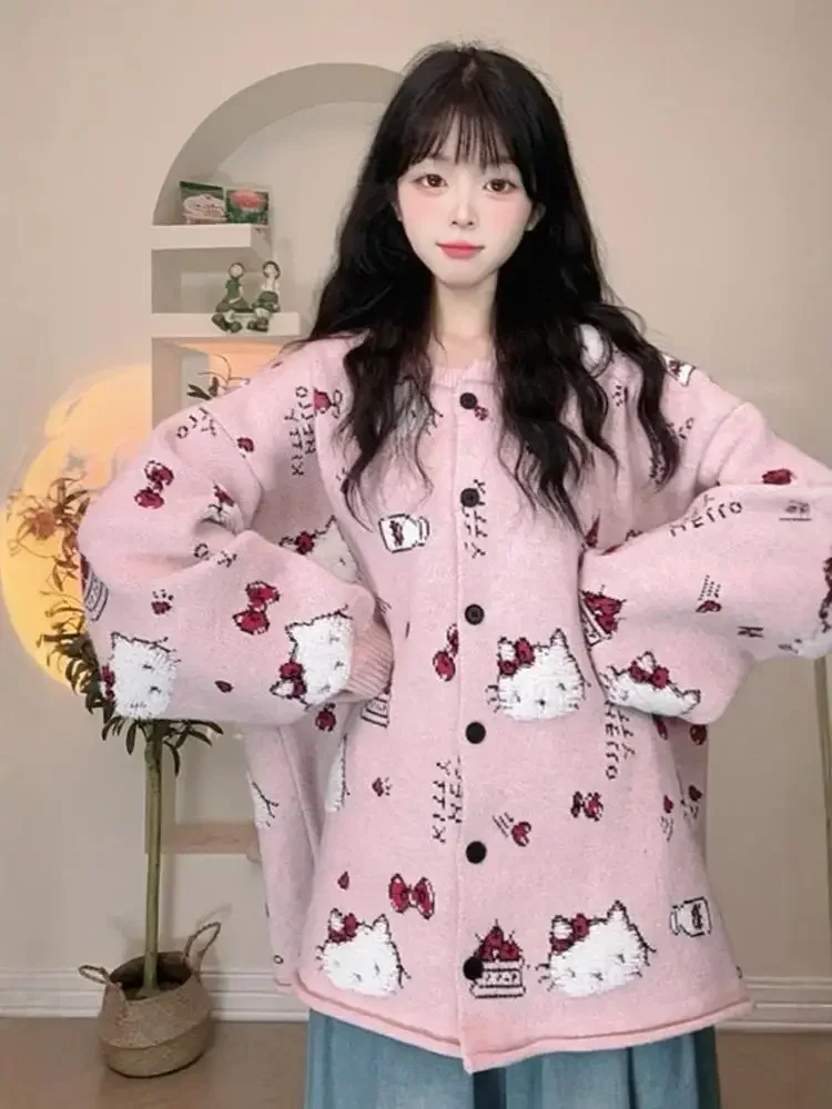 Sanurgente-Pull Hello Kitty, cardigan à manches longues, col rond, jacquard de dessin animé, veste décontractée, doux et frais