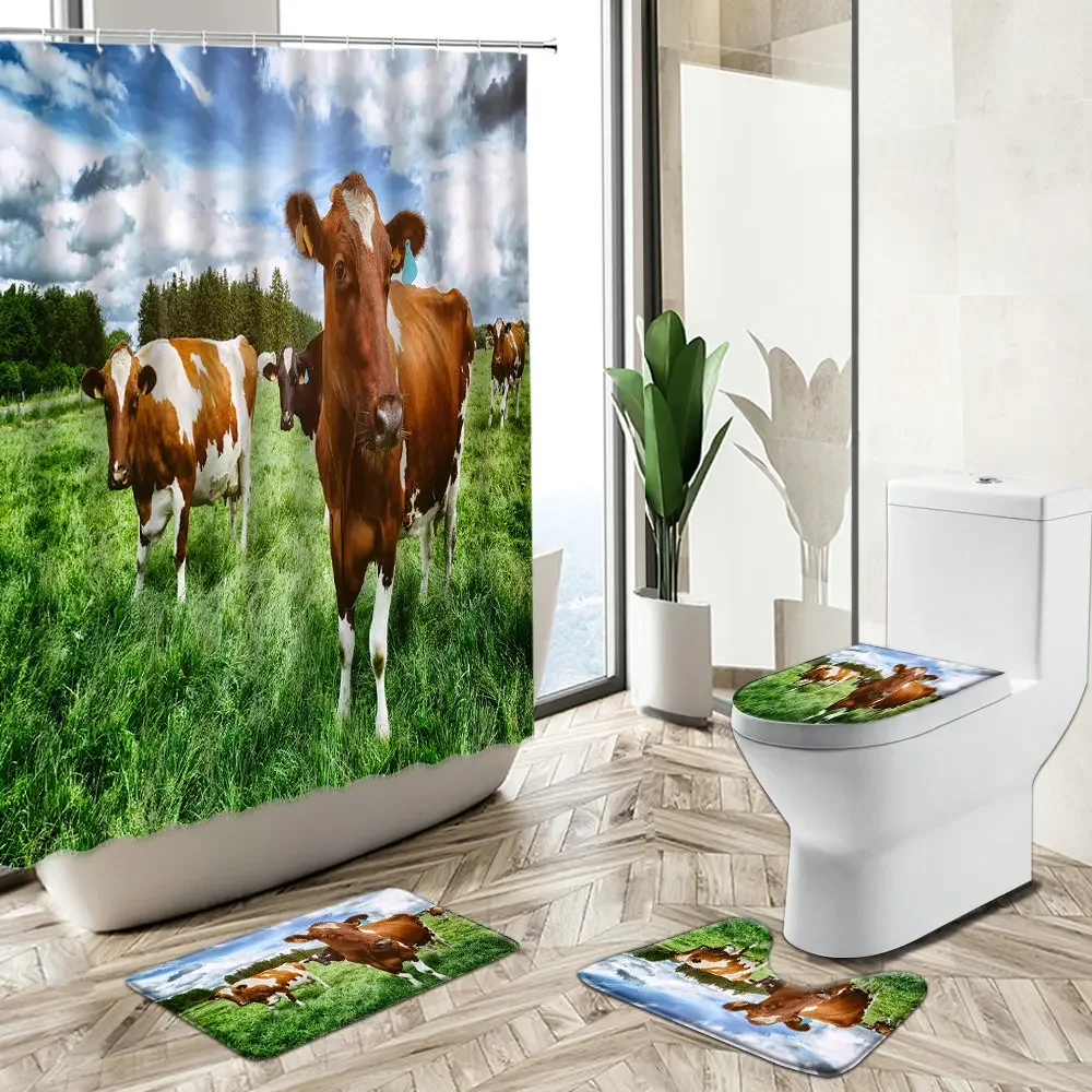 Cow Farm Scenery Shower Curtain Spring Grassland Pasture Green Plant Animal Bathroom Deco Non-Slip Rug Toilet Cover Bath Mat Set