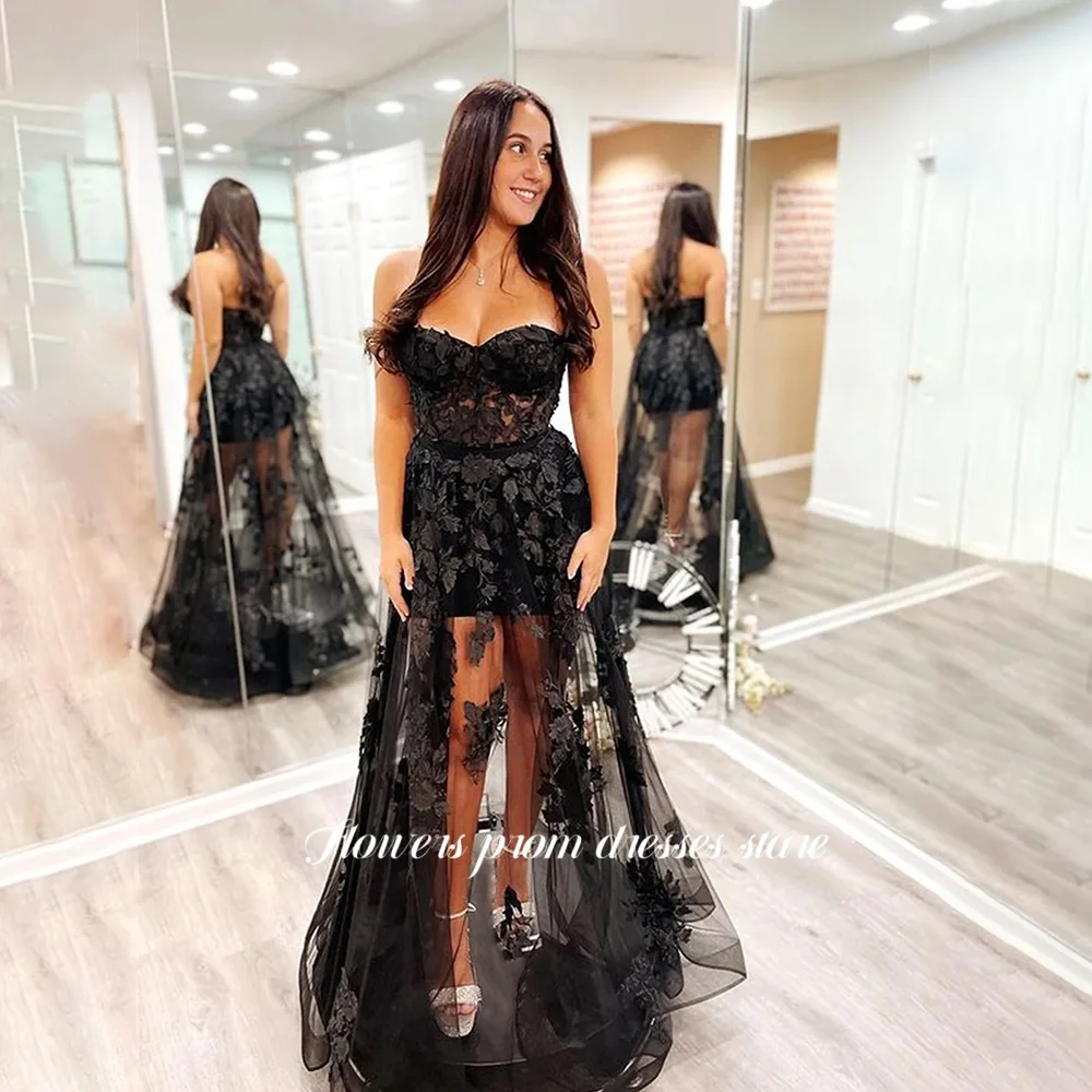 

Flowers A Line Evening Gowns Strapless Party Dress Lace Illusion Prom Dress vestidos de fiesta Customized