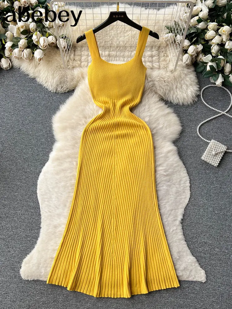 Yellow Summer Knit Sexy Strap Dress Women Tank Elatic Waist Bodycon Sundress Female Beach Backless Long Dress