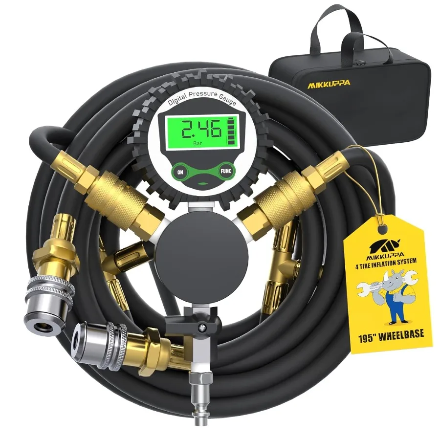 4 Tire Inflation System with Quick Coupler Adaptor and Closed Flow Air Chuck for Efficient Tire Pressure Equalization in Cars T