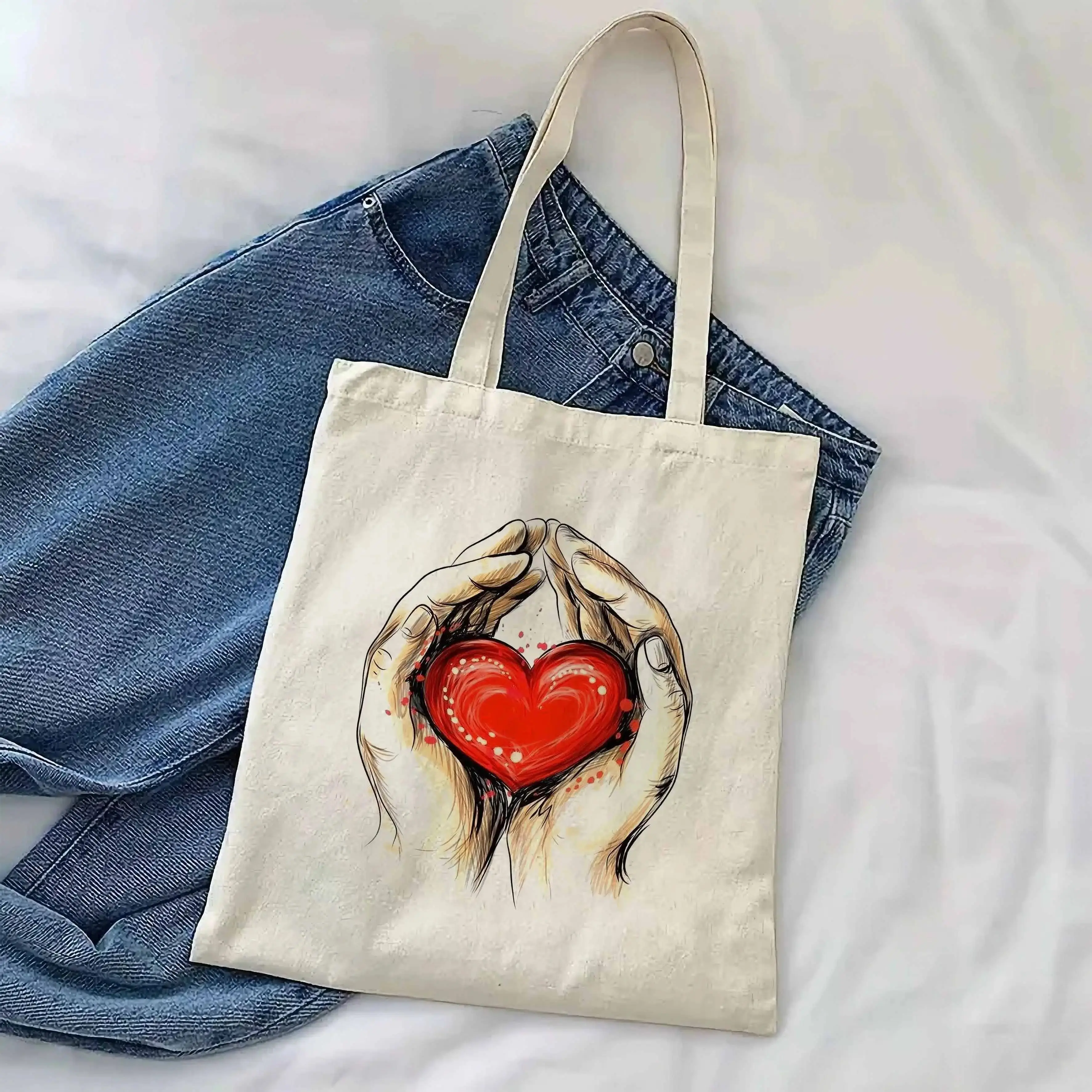 Hands Holding Red Heart Canvas Tote Bag Sketch Art Romantic Love Print Casual Reusable Women Shoulder Shopping Bag