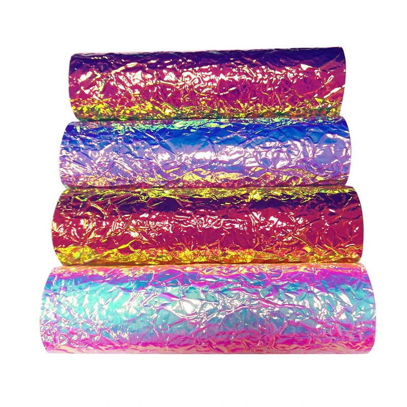 Holographic Embossed PU Faux Leather 3D Dichroic Pattern Hologram Roll Metallic Flash Fabric for Bow Shoe Bag DIY Decor 46*135CM