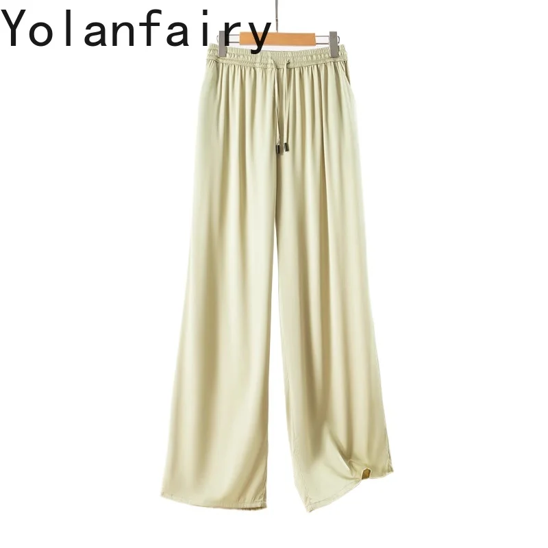

YOLANFAIRY 93% Mulberry Silk Pants for Woman Smooth Double-sided Satin Wide Leg Pants Korean Style Loose Trousers Pants De Mujer