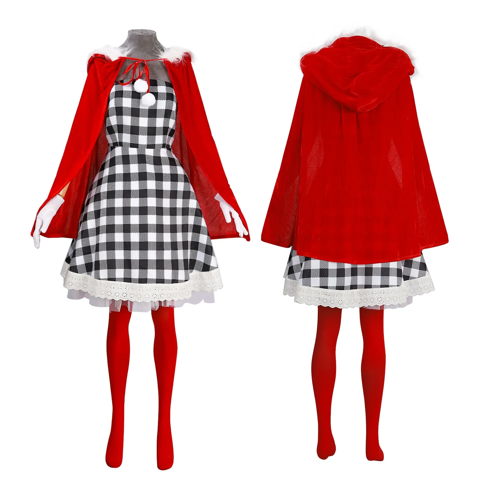 Disfraz de Cosplay de Cindy, la Niña de Navidad, Disfraz de Anime de Grinch, Conjunto Completo, Vestido a Cuadros Blanco y Negro y Capa Roja, Vestido de Fiesta