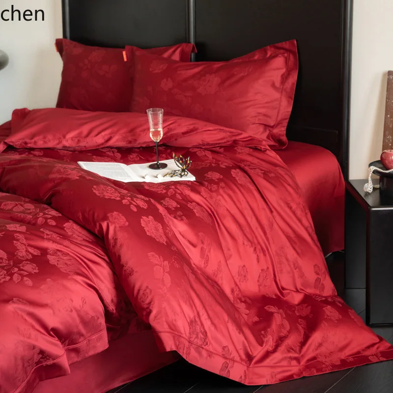 YFY  luxury retro long-staple cotton wedding 4-piece set - bridal red pure cotton bedding for the newlyweds' room
