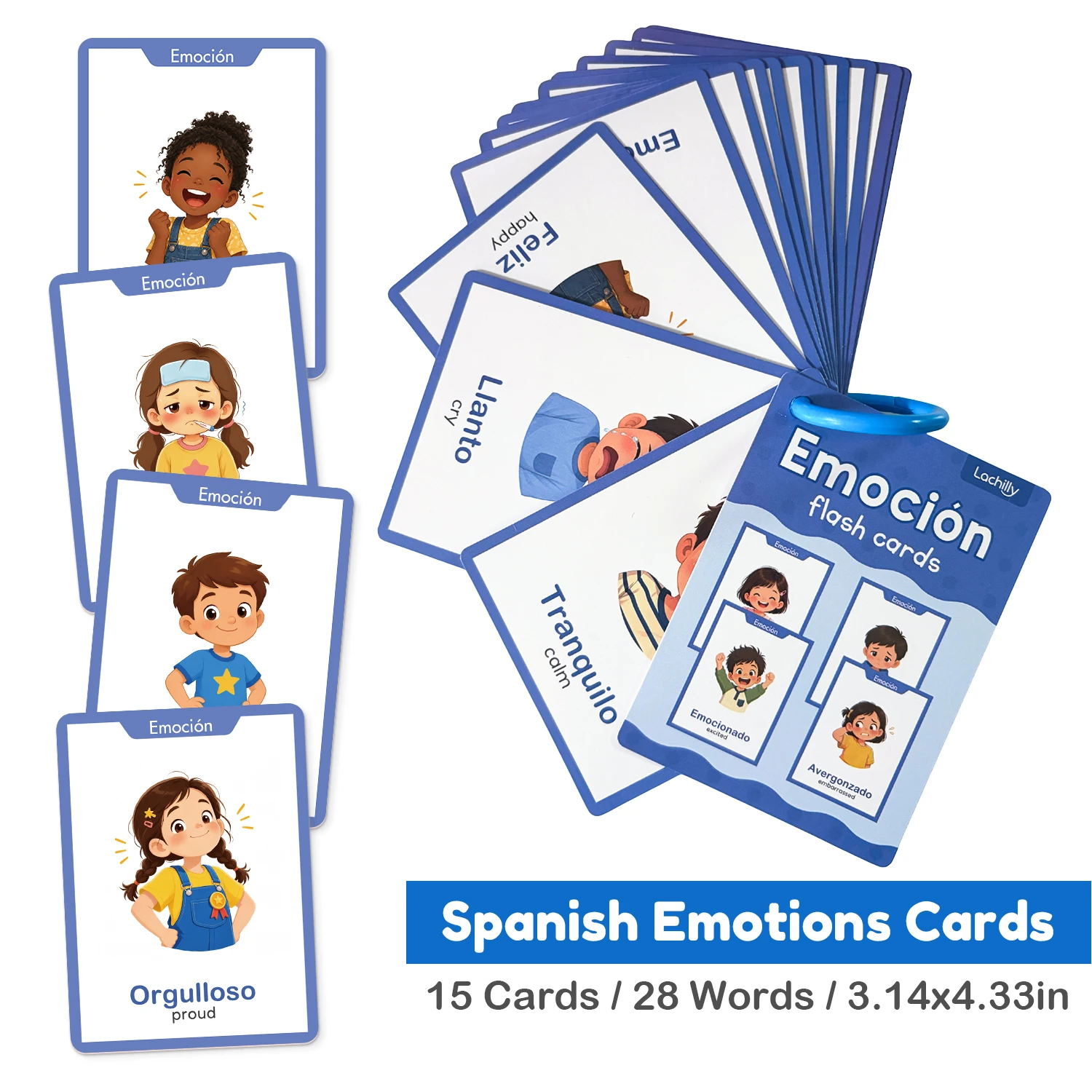 15Pcs Spanish Emotion Learning Cards for Kids Spanish & English Bilingual Facial Expressions Social Emotional Words Flashcards