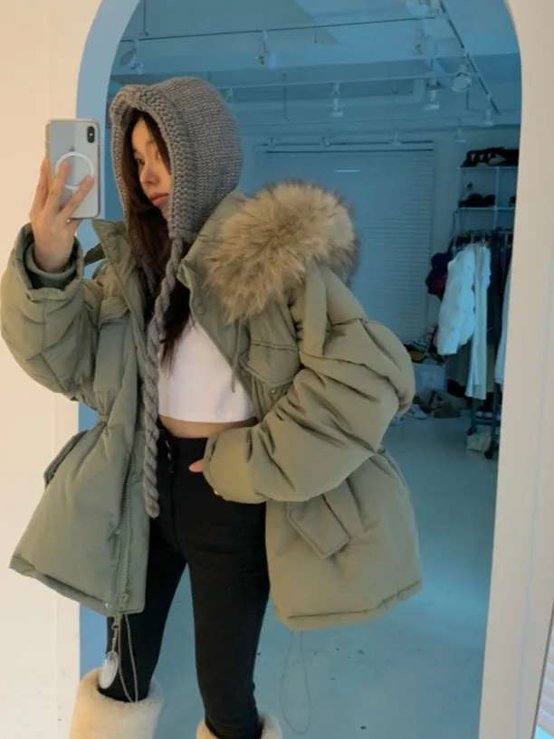 

Autumn Winter Women's Cotton Jacket Coat Drawstring Waist Fur Collar Warmth Fashionable New 2025 Design High-End Feel