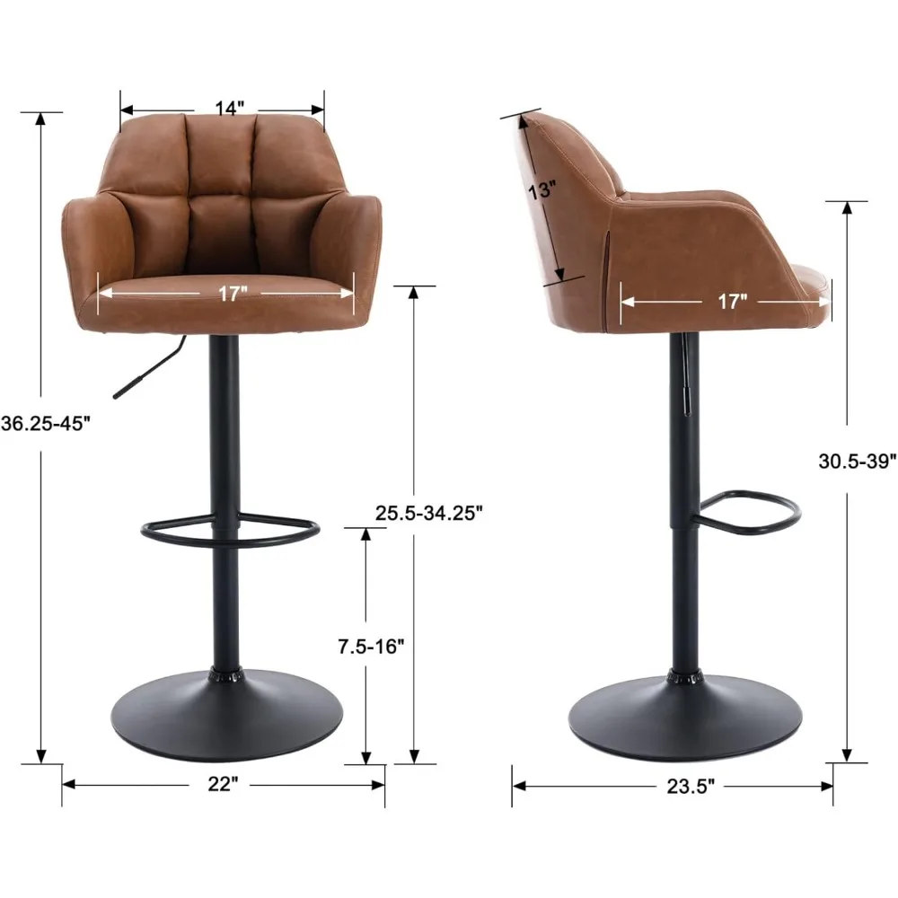 Modern Swivel Bar Stools Set of 2 Leather Counter Height Barstools with Back and Arms Adjustable Bar Stool Chairs