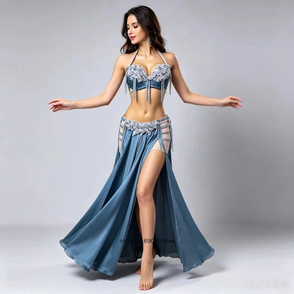Adult AB Stone Belly Dance Costume Rose Red Split Skirt High Flash Samba Stage Performance Elegant Dance Dress For Women Perform