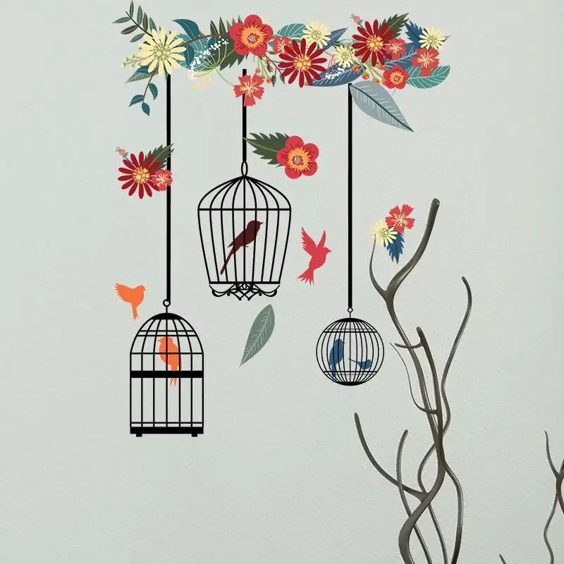 Flower Bird Cage Three Generations Removable Bedroom Living Room Decorative Wall Stickers