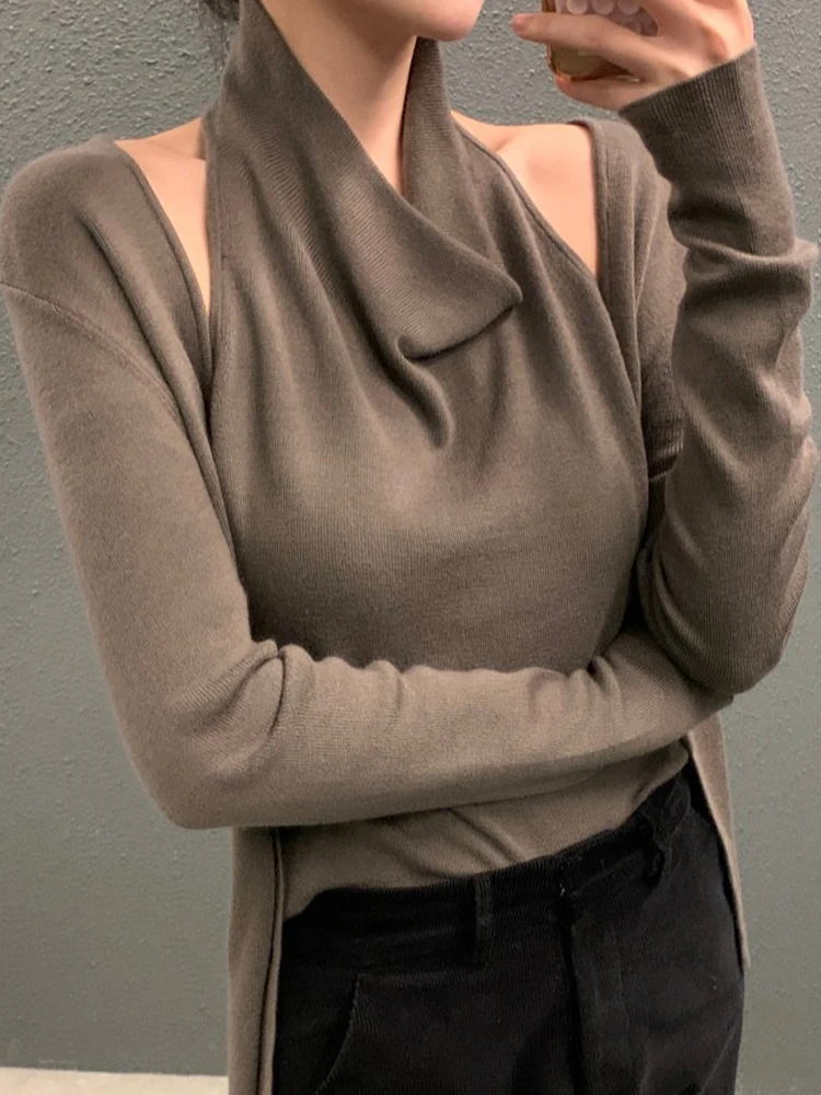 

Early Spring New Design Spliced Knitted Long Sve Top Women's Faionable Ele Fake Two-Piece Loose Fit Korean Sle
