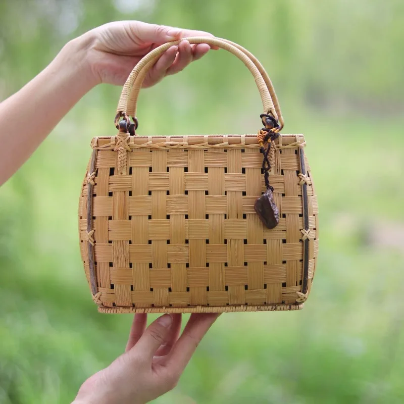 Handmade bamboo woven bag fine woven cotton and linen cloth tea set storage bag women's hand bag bamboo products handicrafts