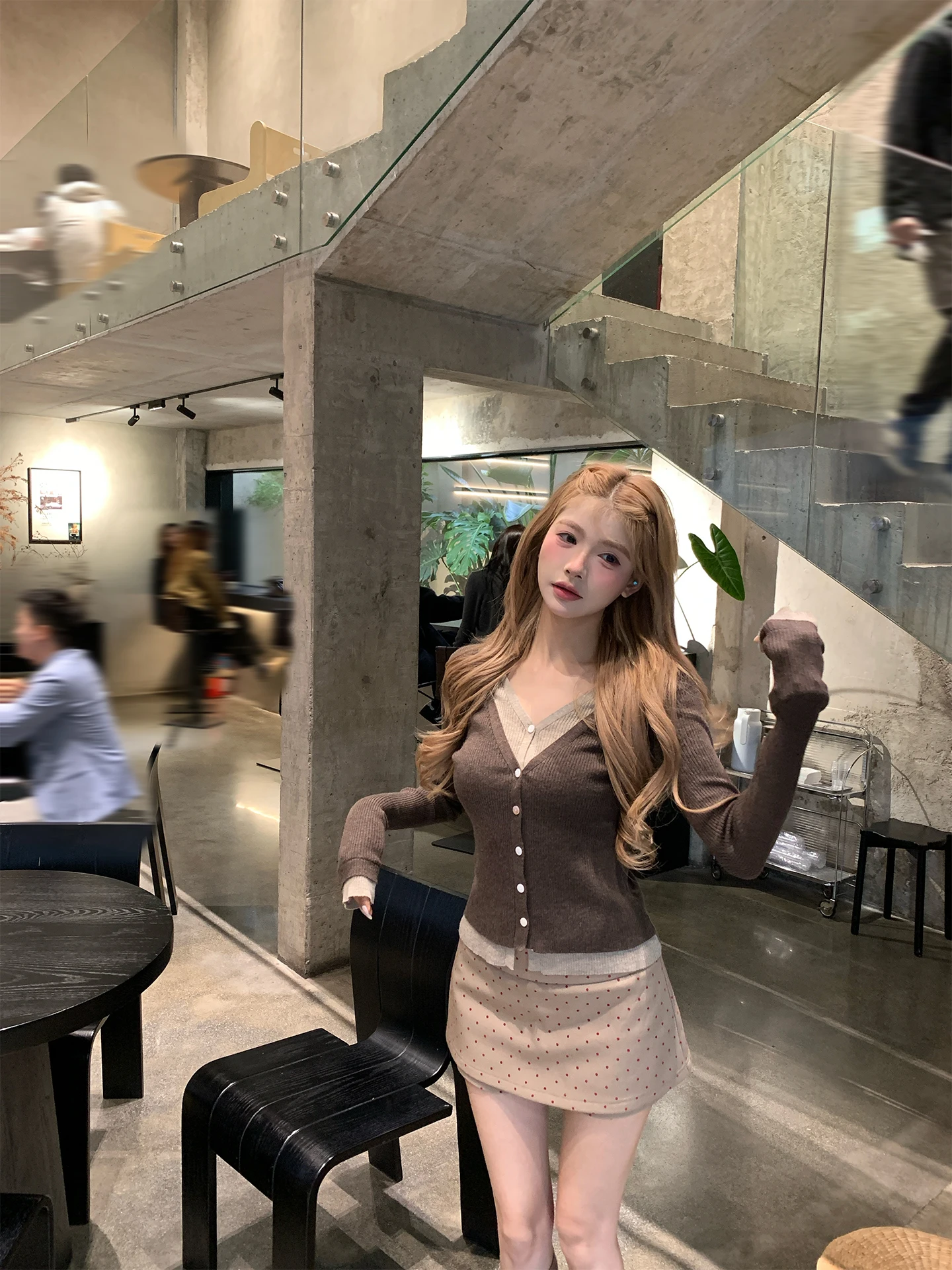 

Beautiful Knitted Sweater Seven Simp Slurry Winter Women's Coffee Color Base Layer irt Inner Wear Straight Cut Long Sve