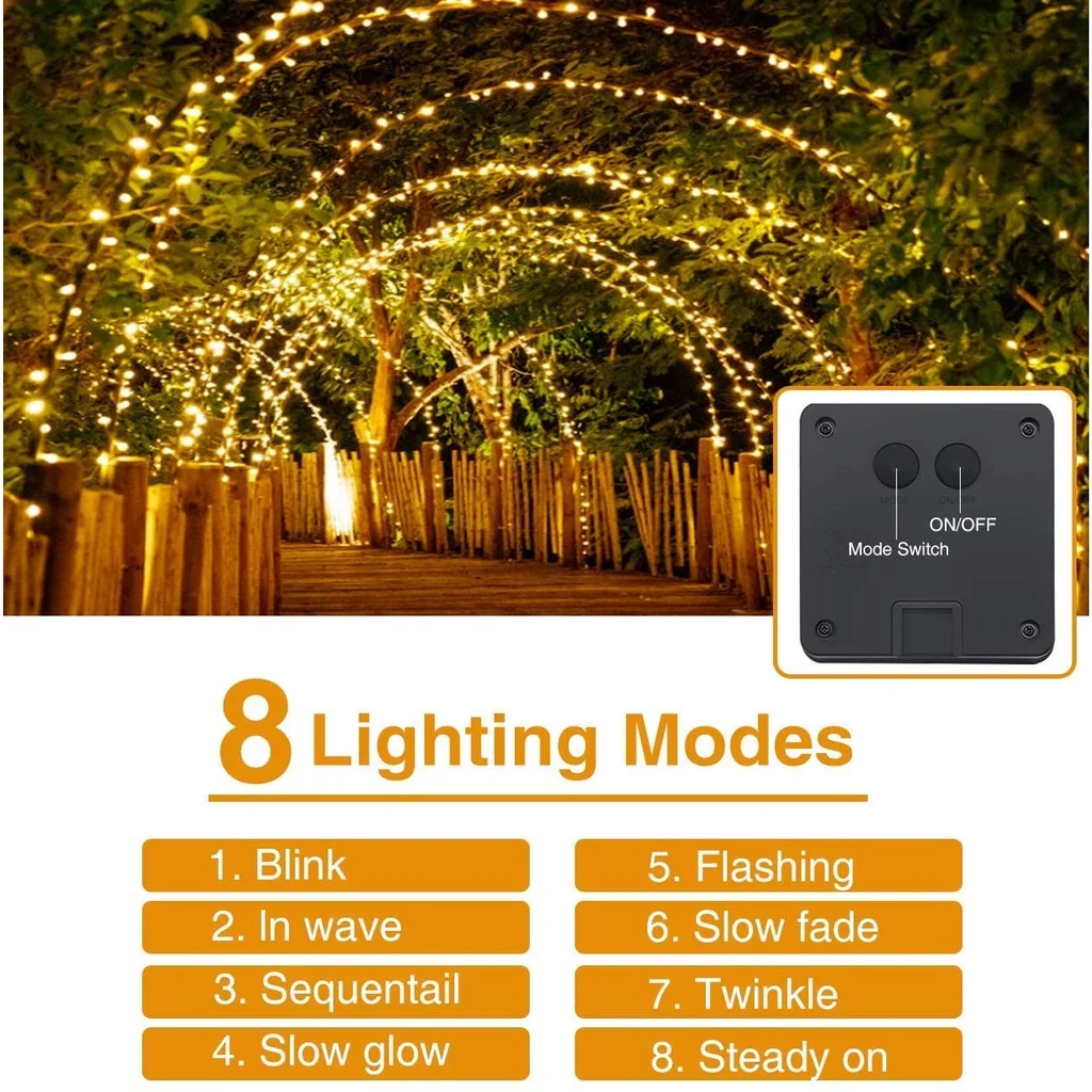 Outdoor LED Solar Fairy String Lights, impermeável Decoração do jardim, guirlanda, 8 modos, fio de cobre, rua, pátio, Natal