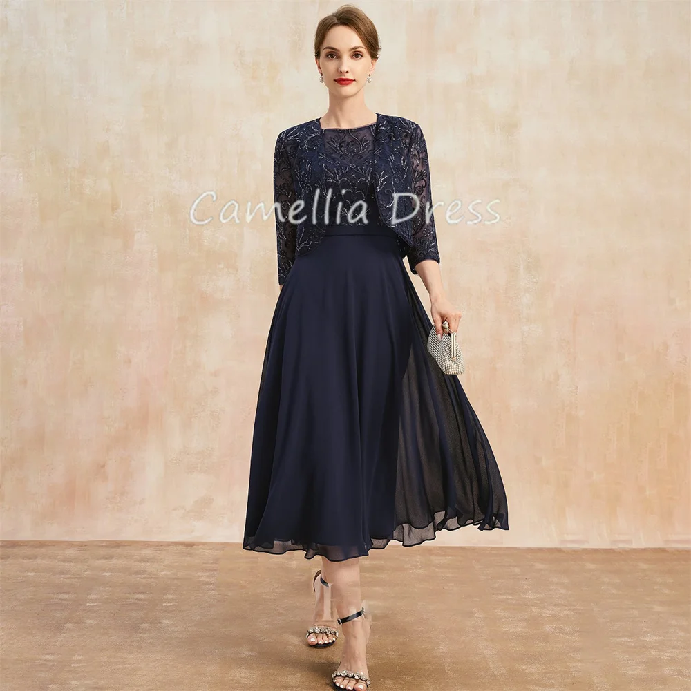 Elegant Boat Neck Mother Of The Bride Dress A-line Tea-Length Chiffon Lace Formal Dresses Vestidos Mae Da Noiva Casamentos