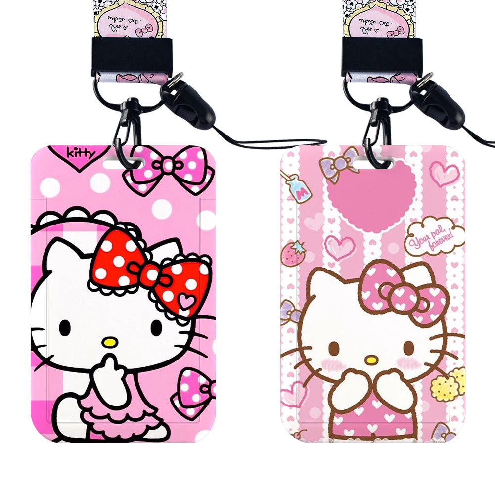 W Olá Kitty PVC Titular do cartão, estojo de proteção de documentos, Campus Lanyard, ID Hanging Neck Rope, Anti-Lost Lanyard, Estudante