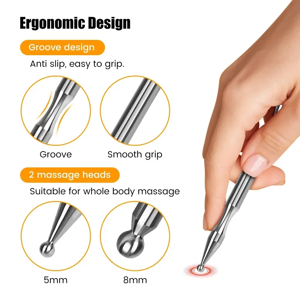 Acupuncture Pen Stainless Steel Deep Tissue Massager Dual Head Facial Reflexology Acupressure Bar for Body Meridian Relief Pain