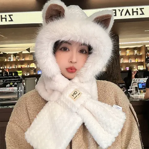 여우 귀 모자, 스카프, 원피스 모자, 여성용 겨울 귀여운 봉제 모피 동물 세트, 목 연결, 투피스