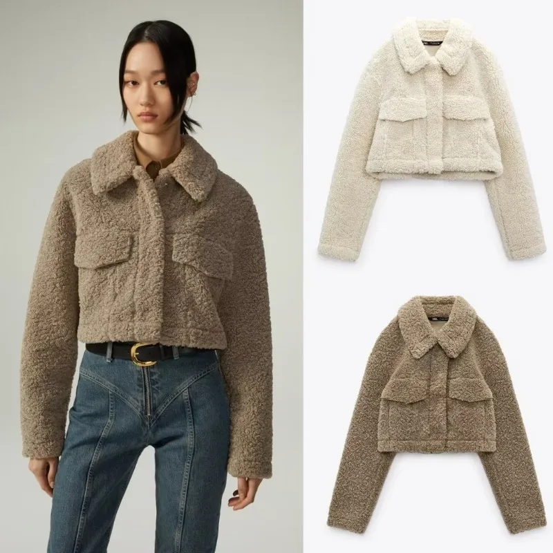 Casual Faux Lamb Wool Short Women Winter Coats 2023 Long Sleeve Turn Down Collar Pocket Autumn Jackets Female Warm Streetwear