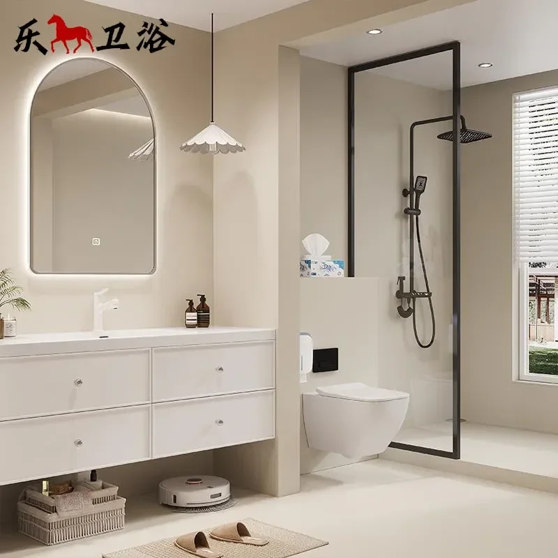Light French Style Rock Slab Seamless Integrated Basin Bathroom Vanity Cabinet with Oak Finish Cream Color Toilet Face Wash