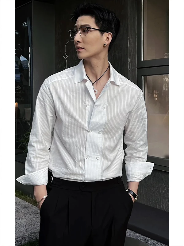 

Мужская рубашка-куртка Briti Sle с длинным рукавом, в полоску, на двойной пуговице, модная, универсальная, с воротником, для весны